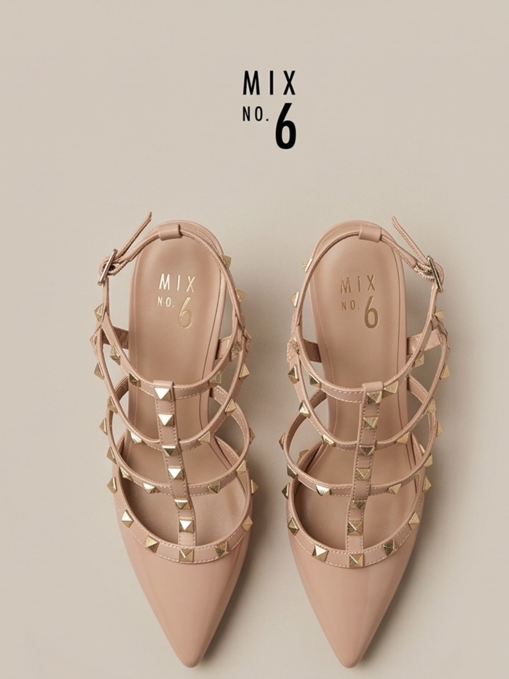 Mix No. 6 Beige Pointed-Toe Studded Strappy Flats - Picture 3 of 10